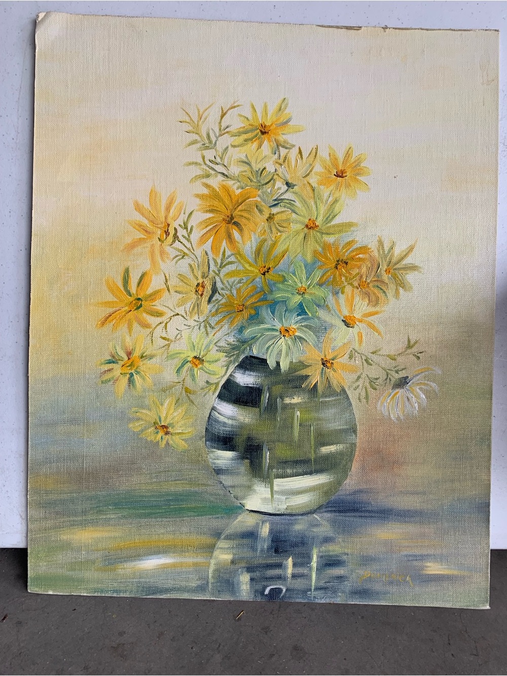 Vintage 1970’s Yellow Floral Bouquet Canvas with Striped Vase Unframed